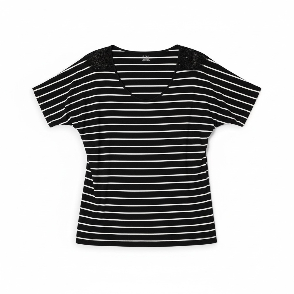 anaStriped Short Sleeve Embellished Shoulder Top Womens Small Black White